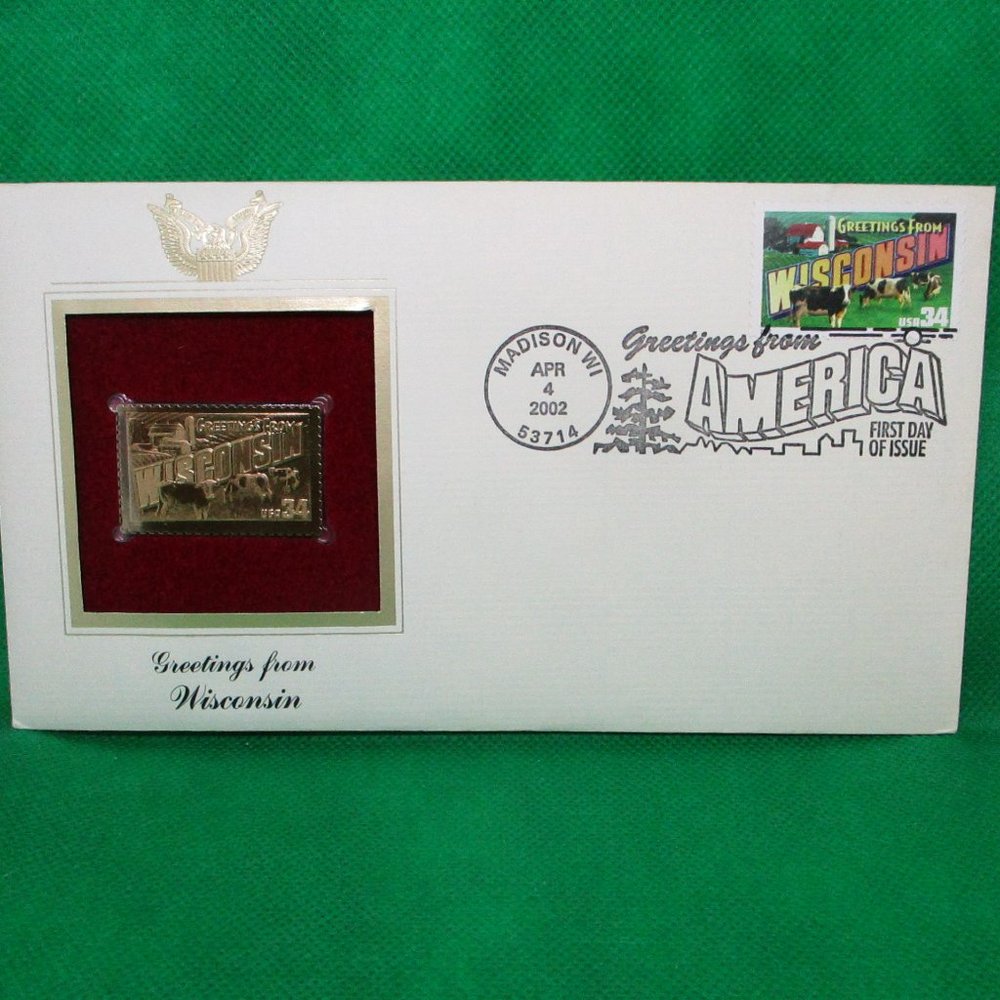 Postal Commemorative Society "Greetings From Wisconsin" Stamp 22K Gold Replica